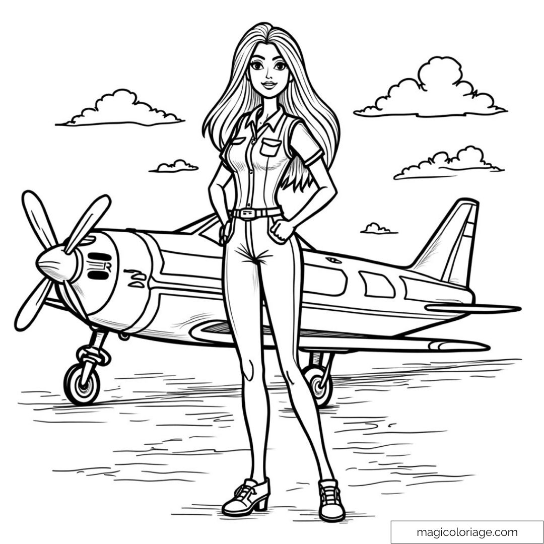 Barbie debout devant un avion à hélice prête à être coloriée.