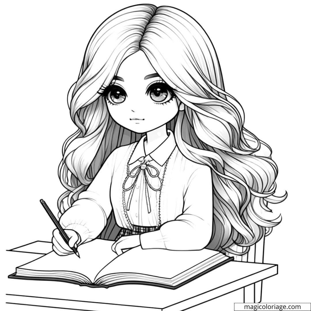 Dessin à colorier d'une Barbie concentrée assise à un bureau, idéale pour les enfants.