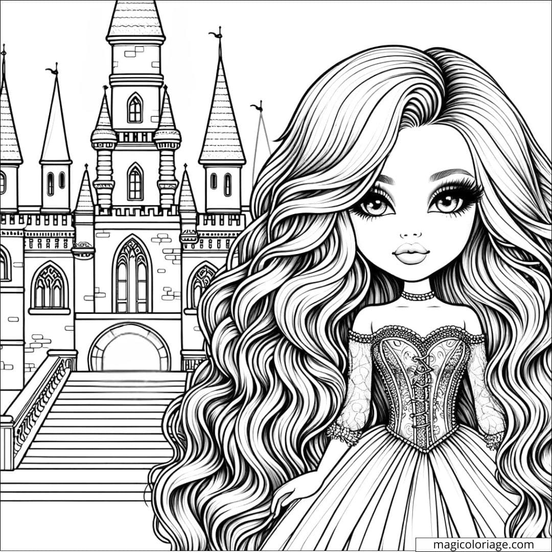 Dessin à colorier d'une Barbie dans un château, idéale pour les enfants.