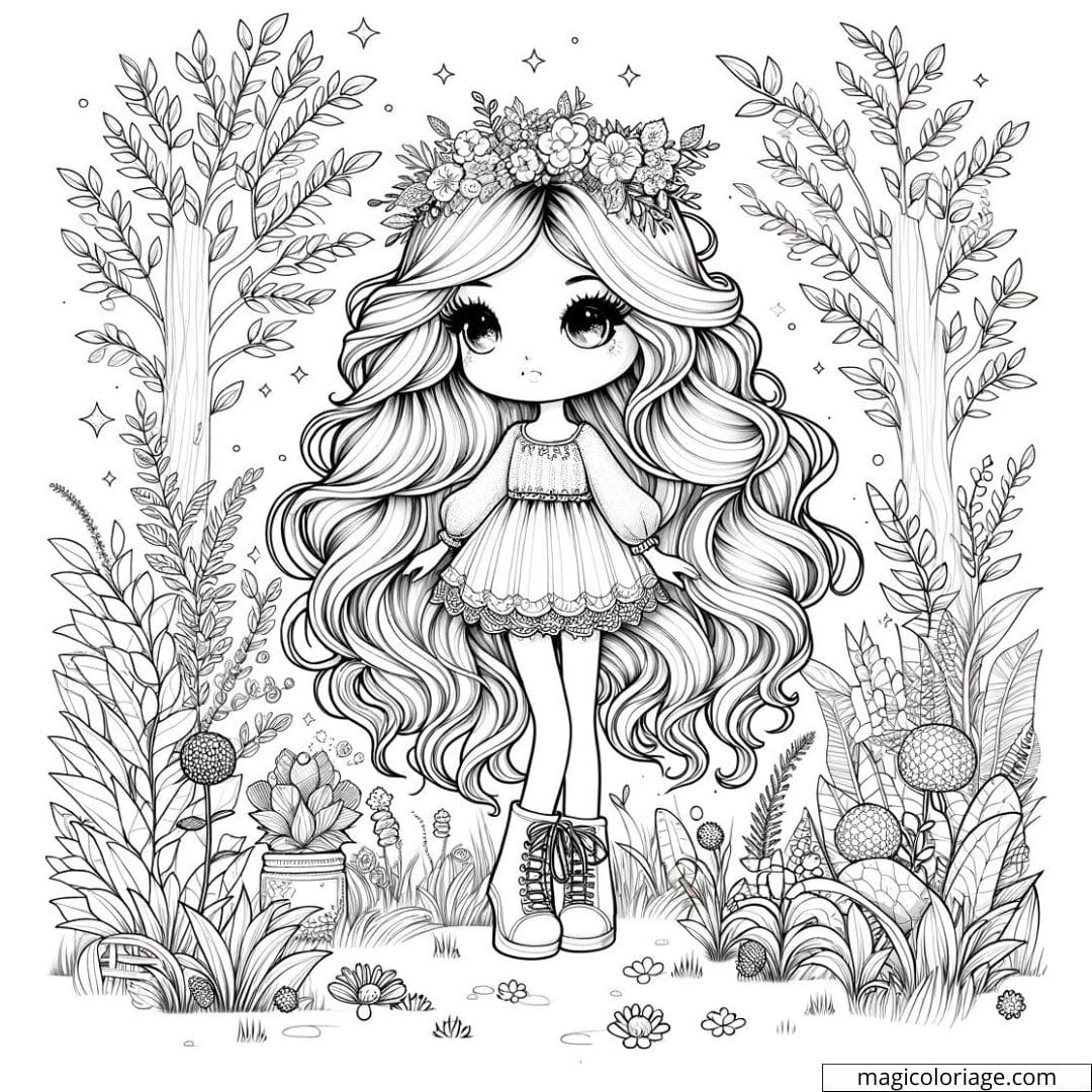 Dessin à colorier d'une Barbie dans un jardin enchanté, idéale pour les enfants.