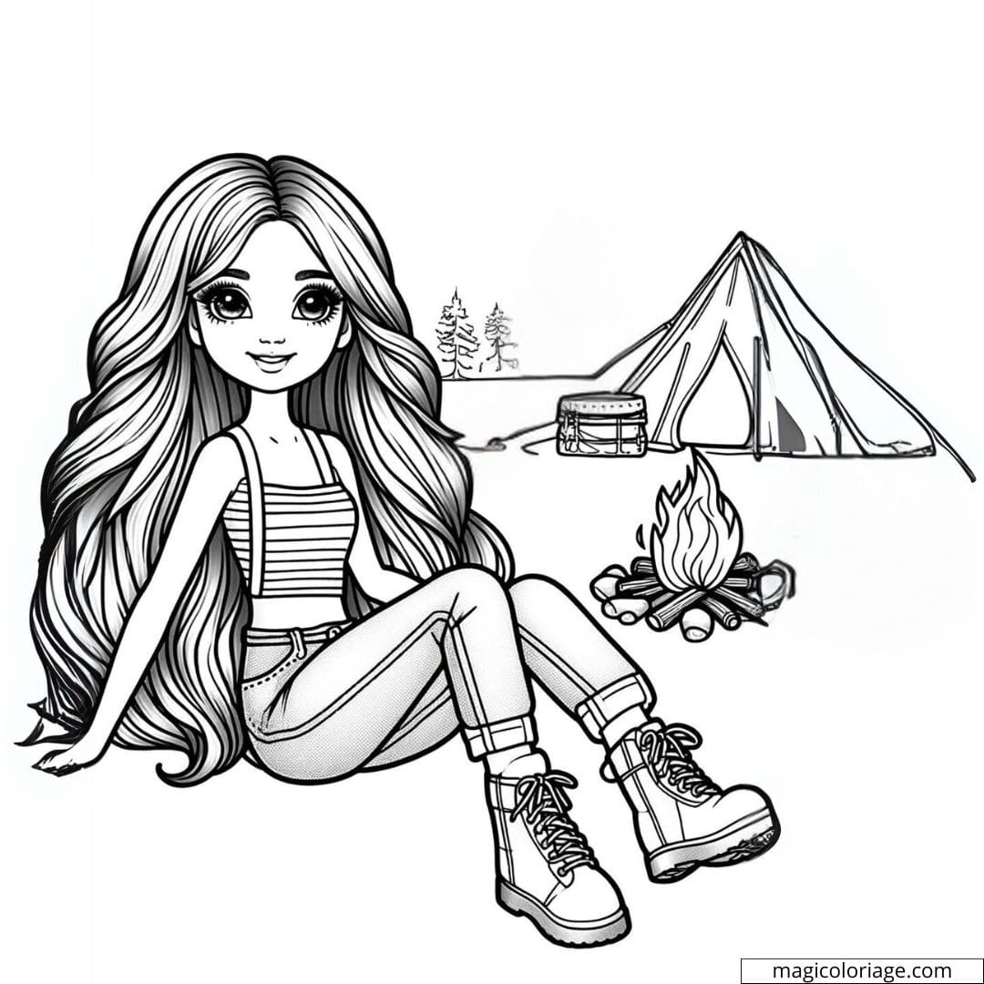 Dessin à colorier d'une Barbie en camping, idéale pour les enfants.
