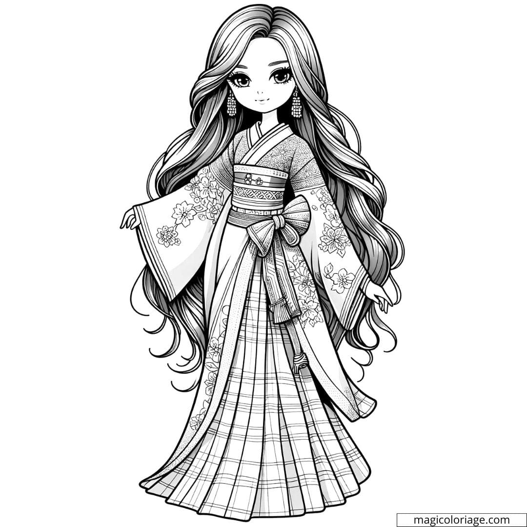 Dessin à colorier d'une Barbie en costume traditionnel, idéale pour les enfants.