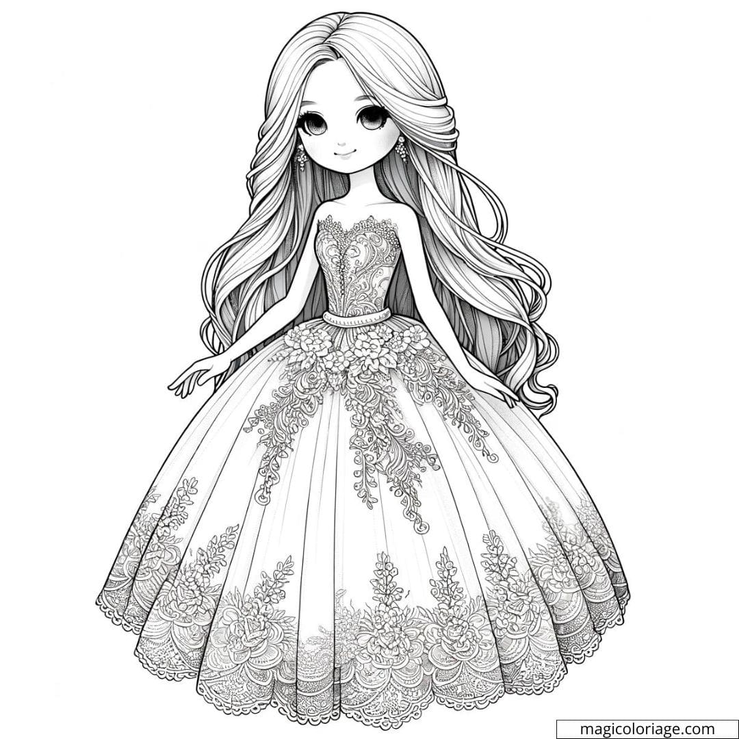 Dessin à colorier d'une Barbie élégante portant une robe de soirée glamour, idéale pour les enfants.