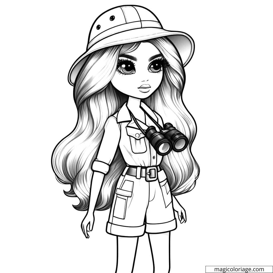 Dessin à colorier d'une Barbie en safari, idéale pour les enfants.
