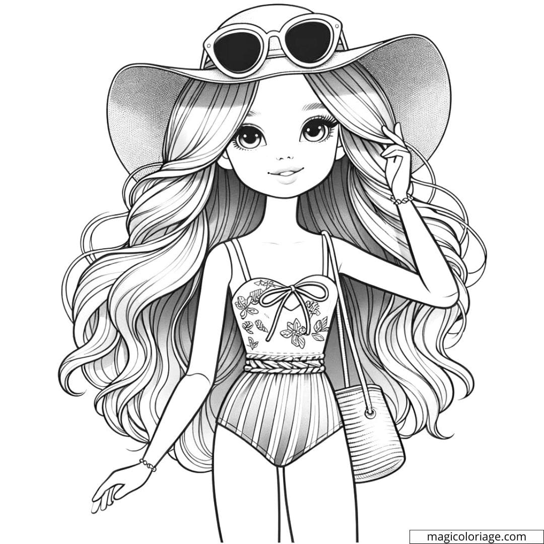 Dessin à colorier d'une Barbie en tenue de plage, idéale pour les enfants.