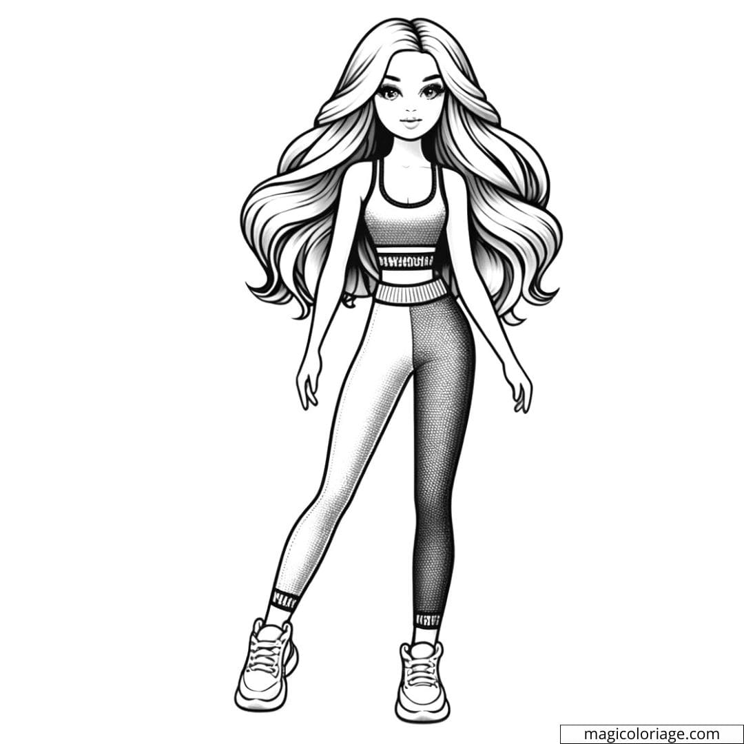 Dessin à colorier d'une Barbie en tenue de sport, idéale pour les enfants.