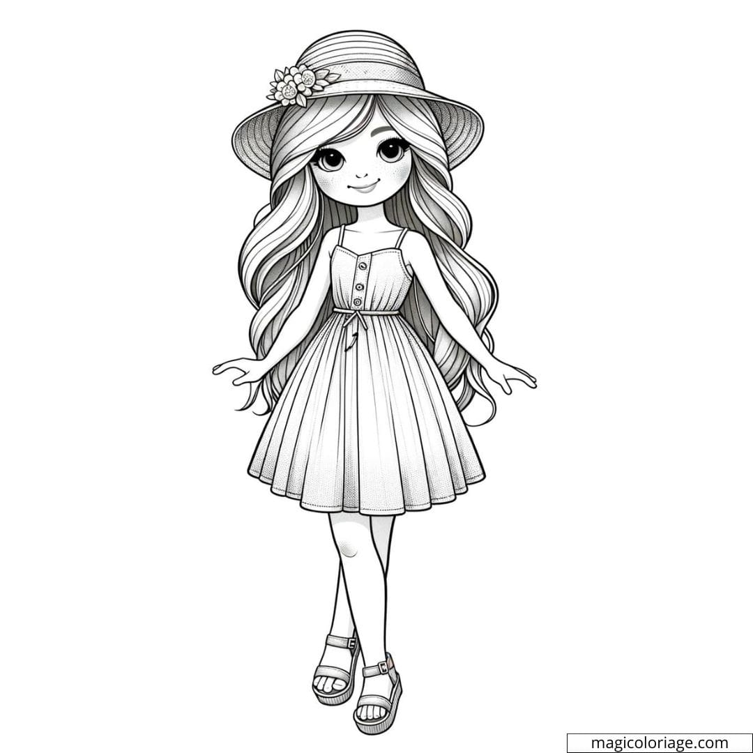 Dessin à colorier d'une Barbie en tenue d'été, idéale pour les enfants.
