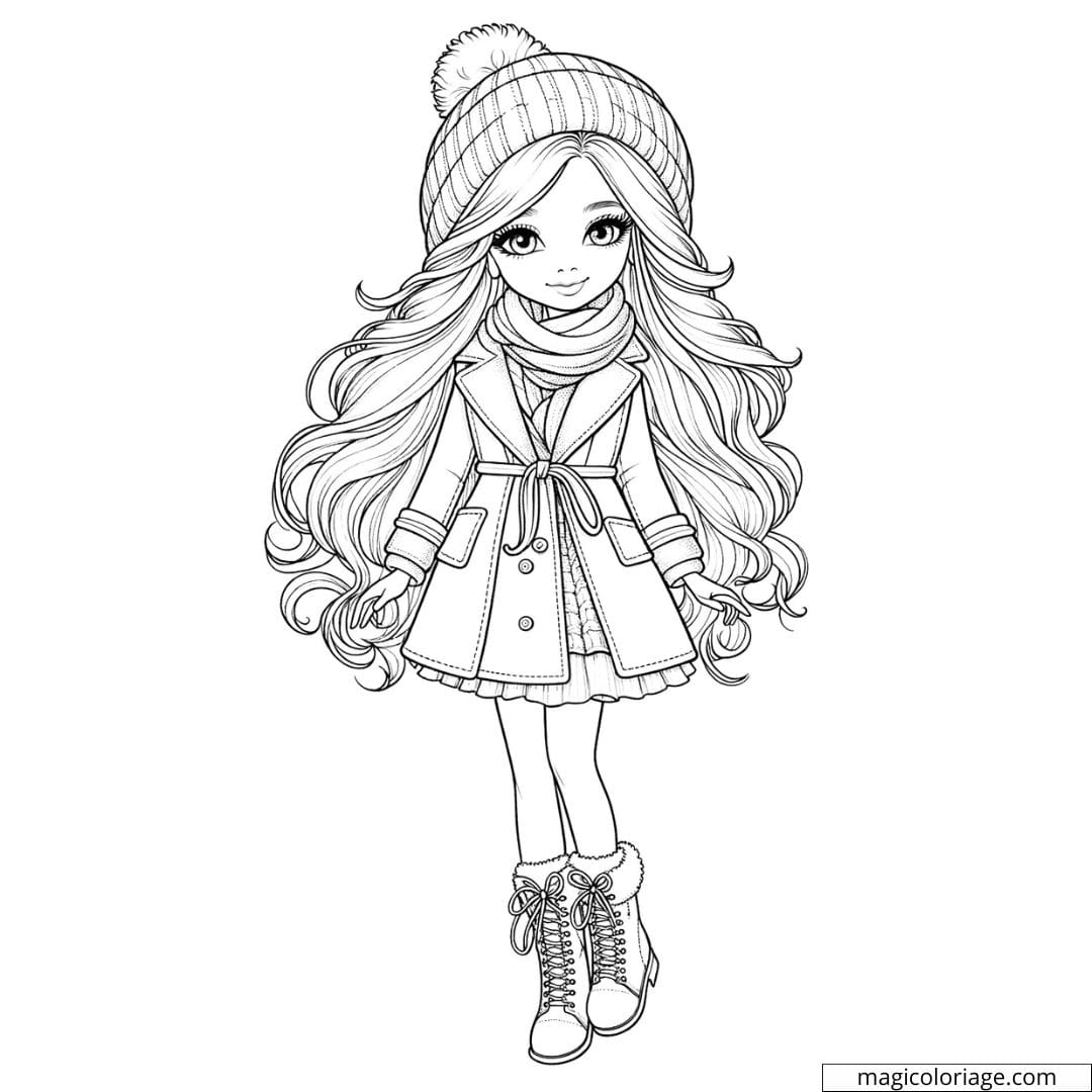 Dessin à colorier d'une Barbie en tenue d'hiver, idéale pour les enfants.