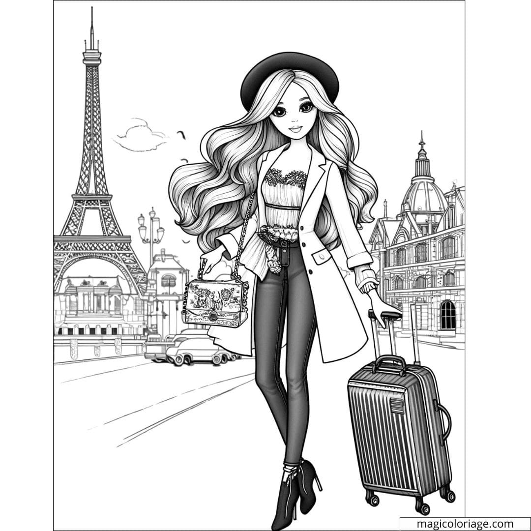 Dessin à colorier d'une Barbie en voyage à Paris, idéale pour les enfants.