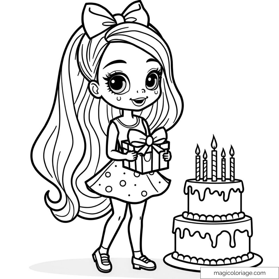 Barbie avec gâteau d'anniversaire et cadeau à colorier