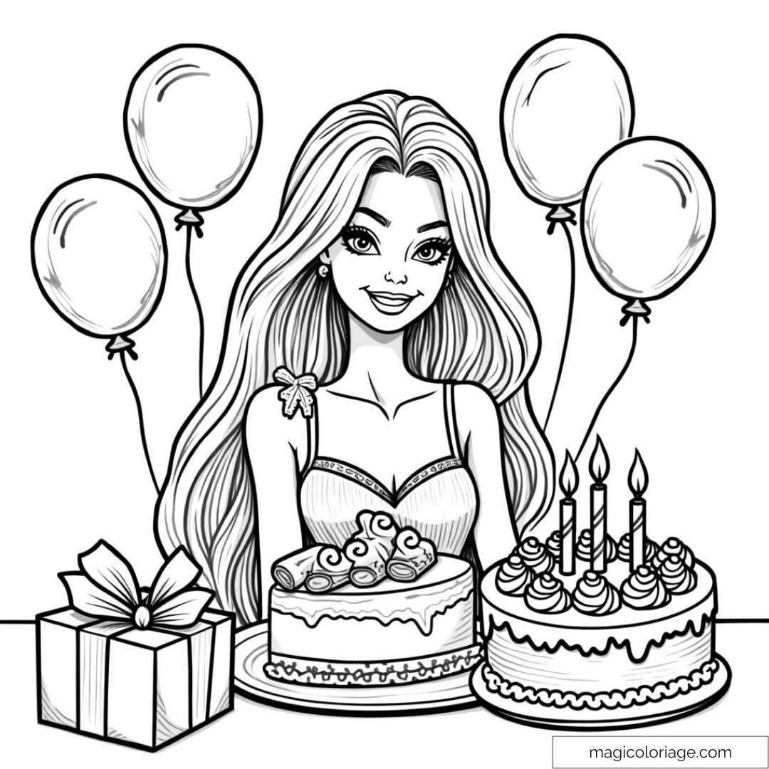 Barbie avec gâteaux de fête et ballons en arrière-plan