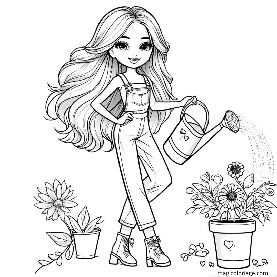 Dessin à colorier d'une Barbie jardinant, idéale pour les enfants.