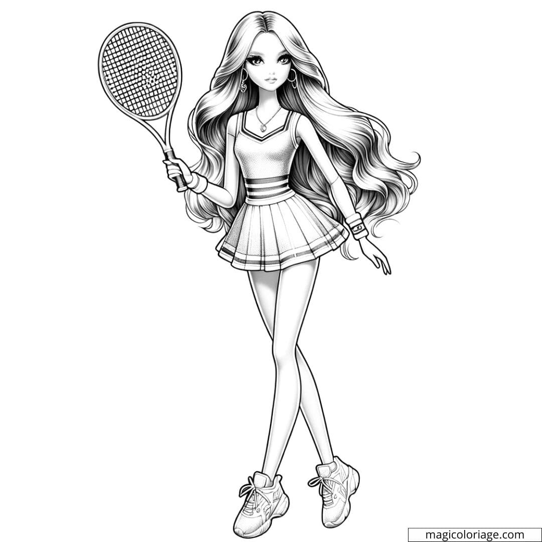 Dessin à colorier d'une Barbie jouant au tennis, idéale pour les enfants.