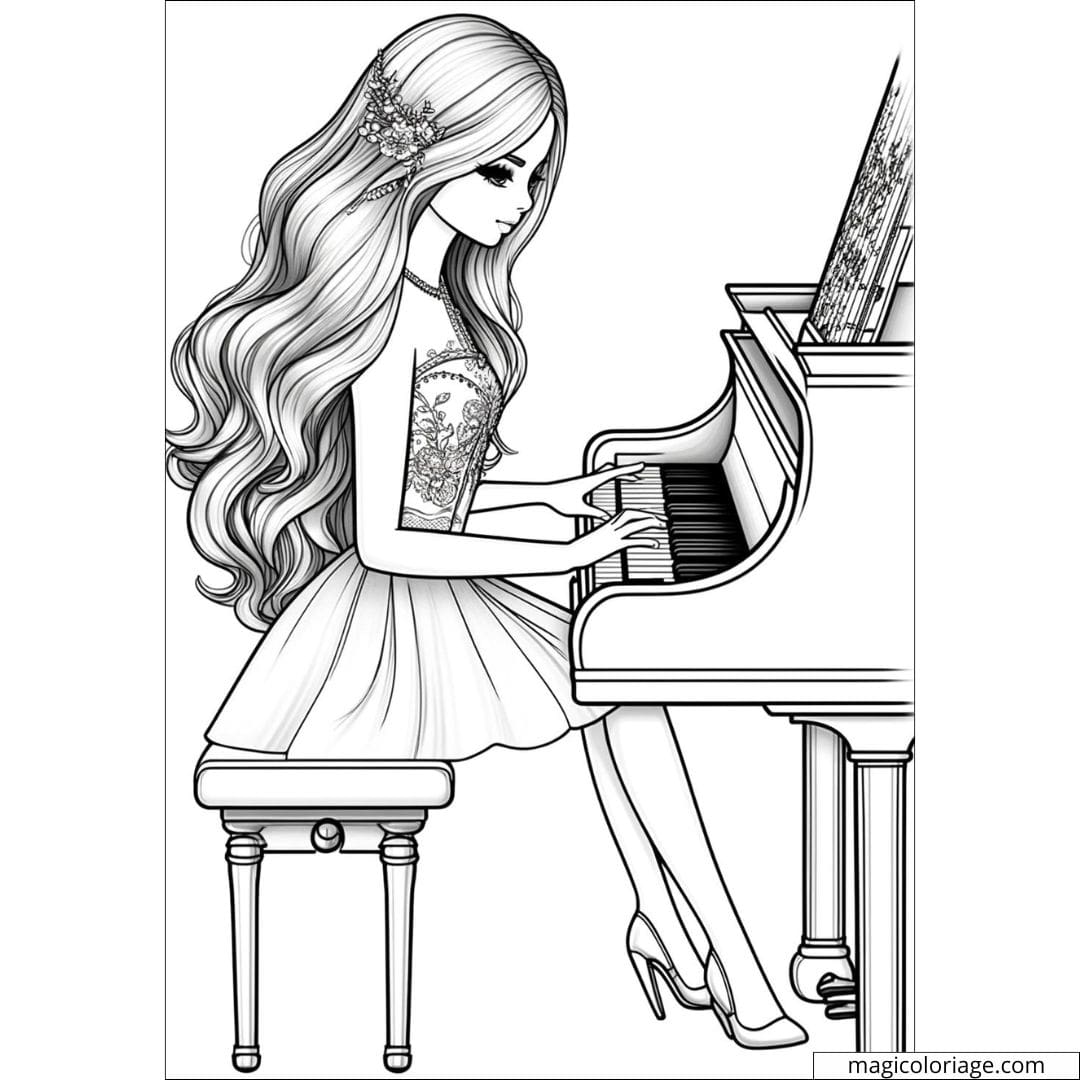 Dessin à colorier d'une Barbie jouant du piano, idéale pour les enfants.