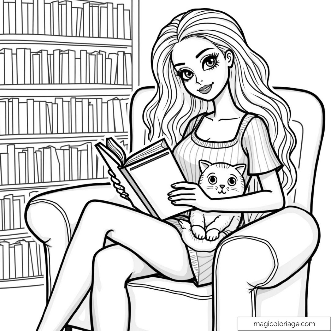 Barbie lisant avec un chaton sur les genoux dans une bibliothèque