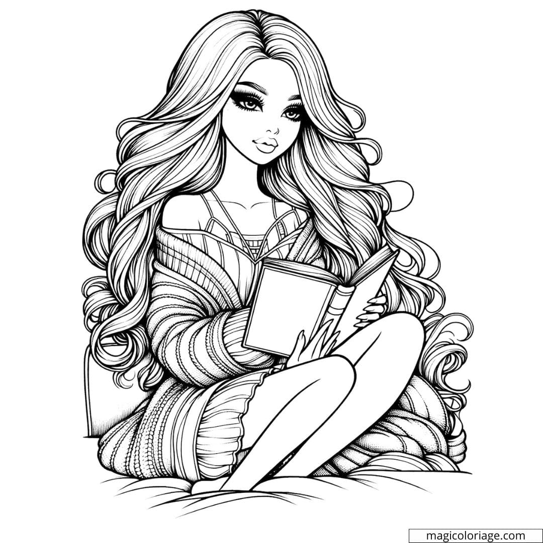 Dessin à colorier d'une Barbie lisant un livre, idéale pour les enfants.