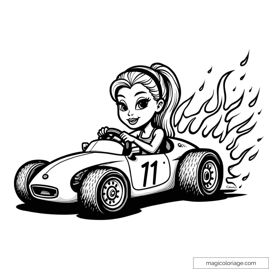 Dessin de Barbie conduisant une voiture de course avec des flammes.