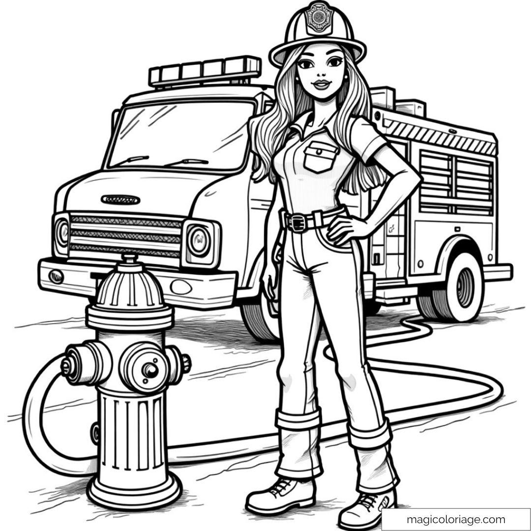 Barbie en uniforme de pompier devant un camion et un hydrant.