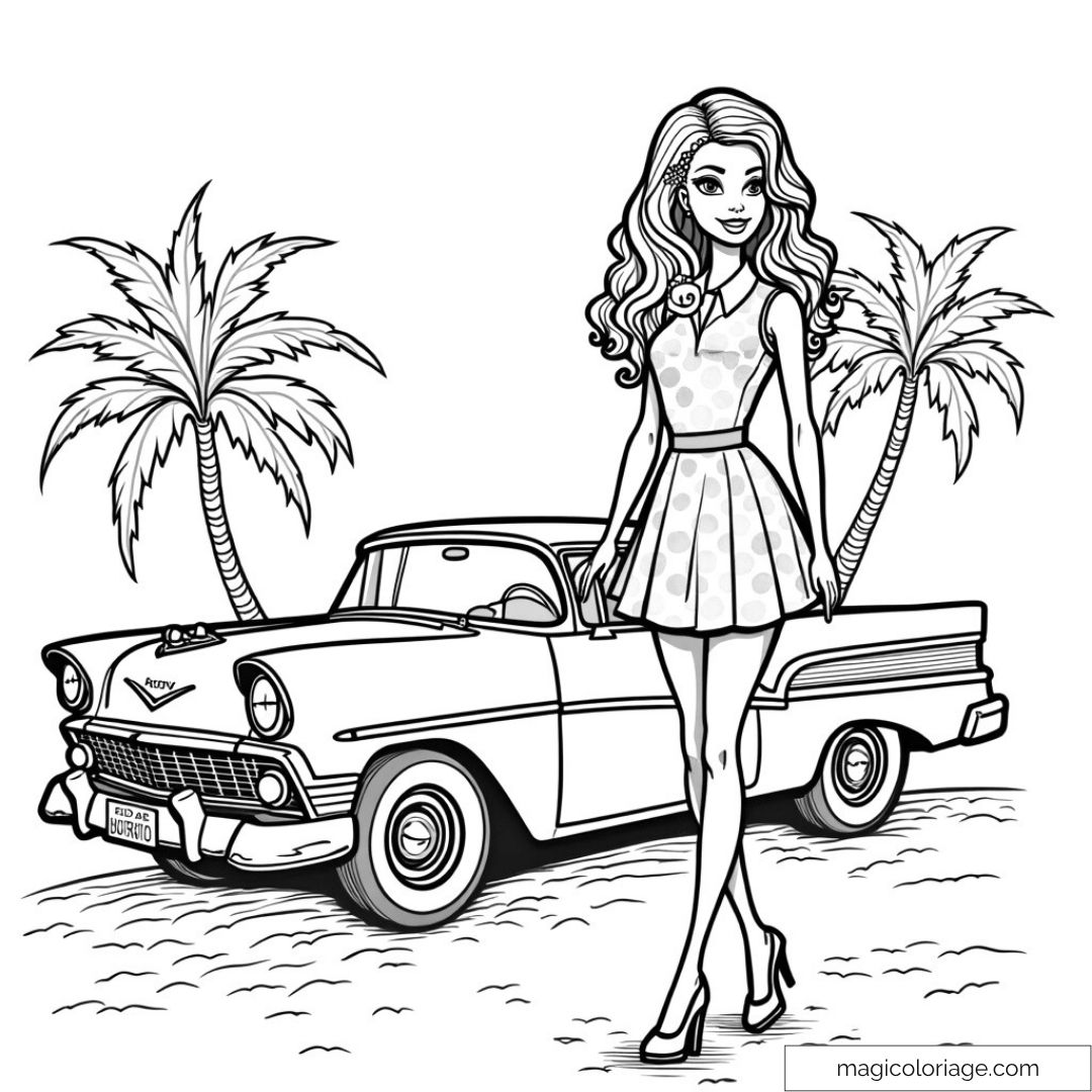 Barbie en robe rétro devant une voiture classique avec palmiers.