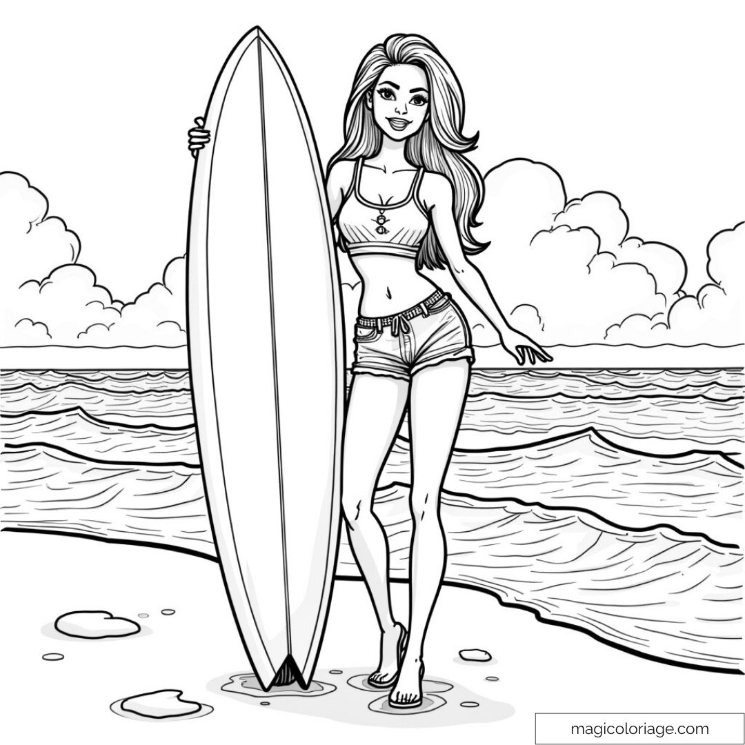 Barbie à la plage tenant sa planche de surf avec des vagues en arrière-plan.