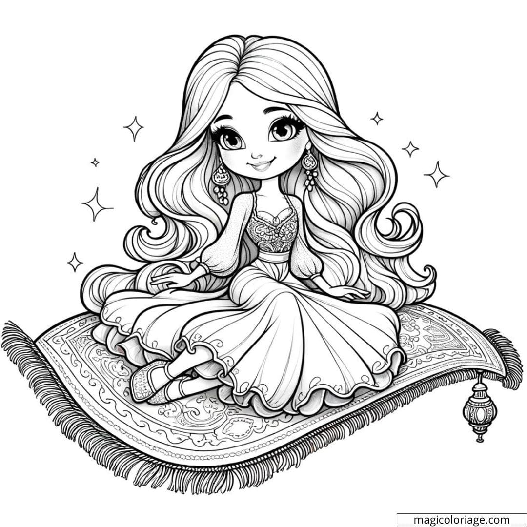 Dessin à colorier d'une Barbie sur un tapis magique, idéale pour les enfants.