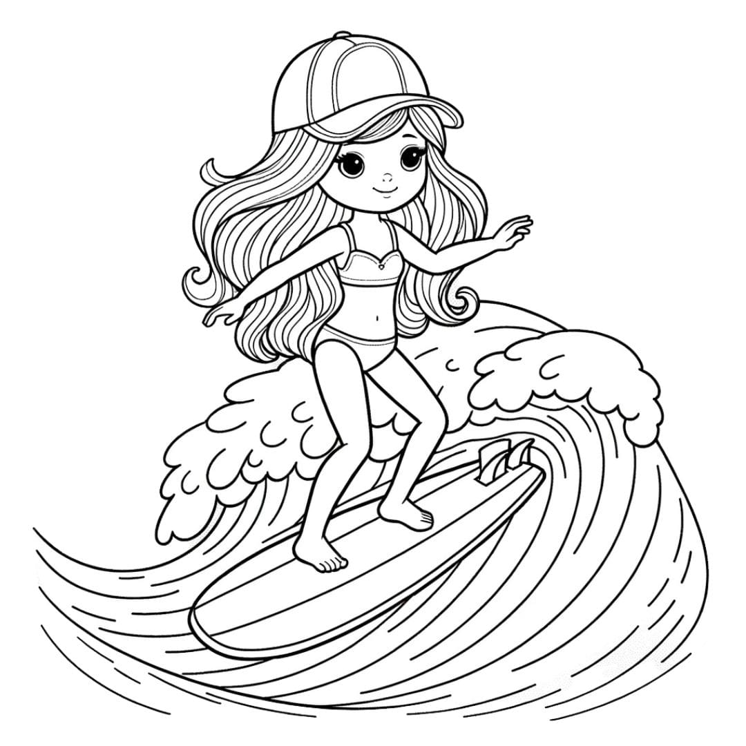 Image à colorier de poupée surfeuse sur une vague, idéale pour les enfants passionnés de sports d'eau et d'aventures.