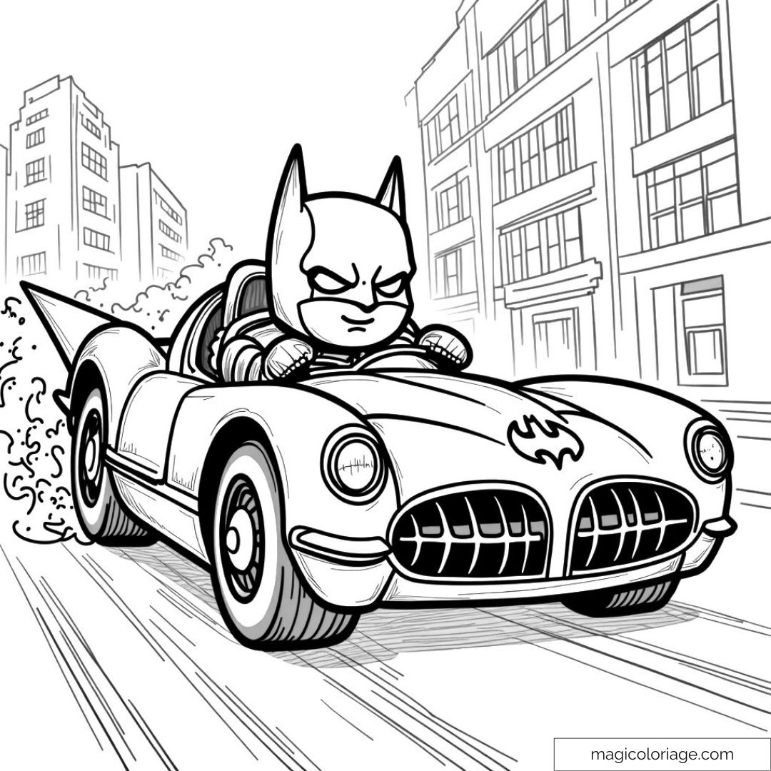 Batman conduisant sa Batmobile en ville