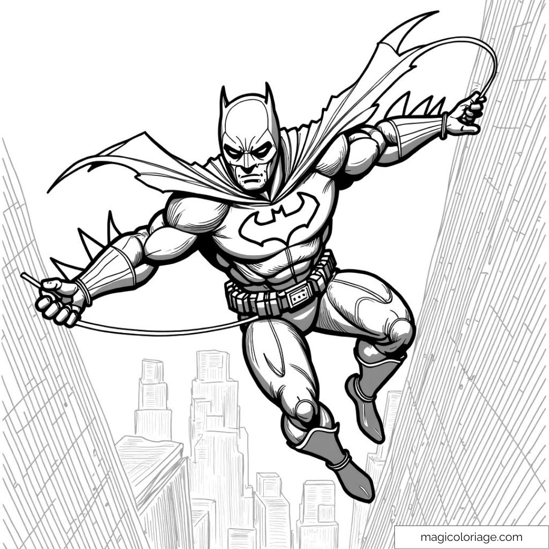 Batman en plein vol entre les gratte-ciels