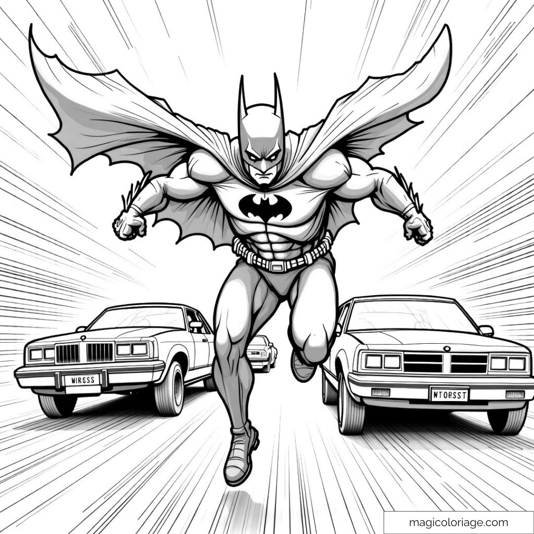 Coloriage Batman en action avec deux voitures à l'arrière.