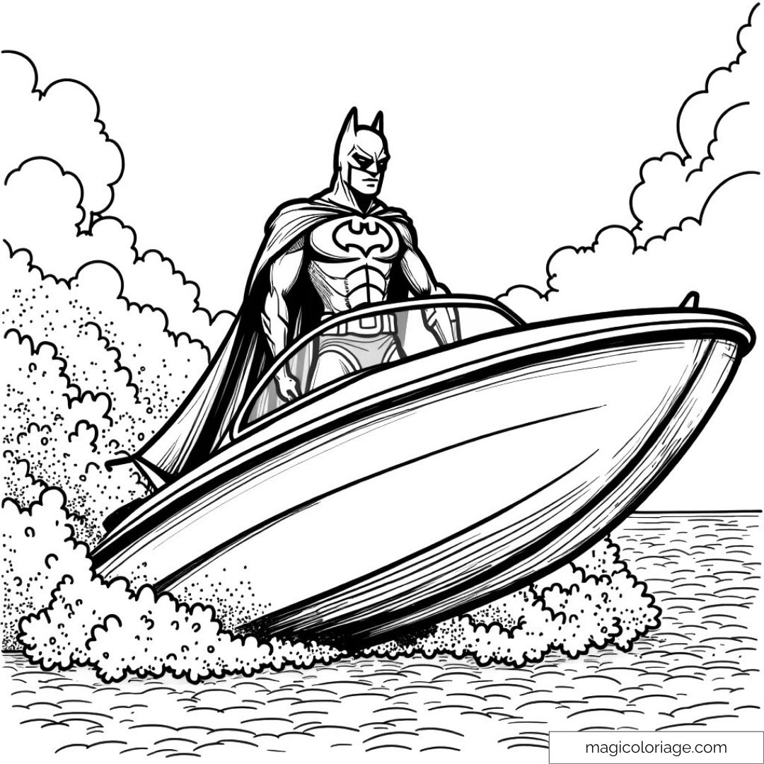 Dessin de Batman sur un bateau à moteur voguant sur les vagues