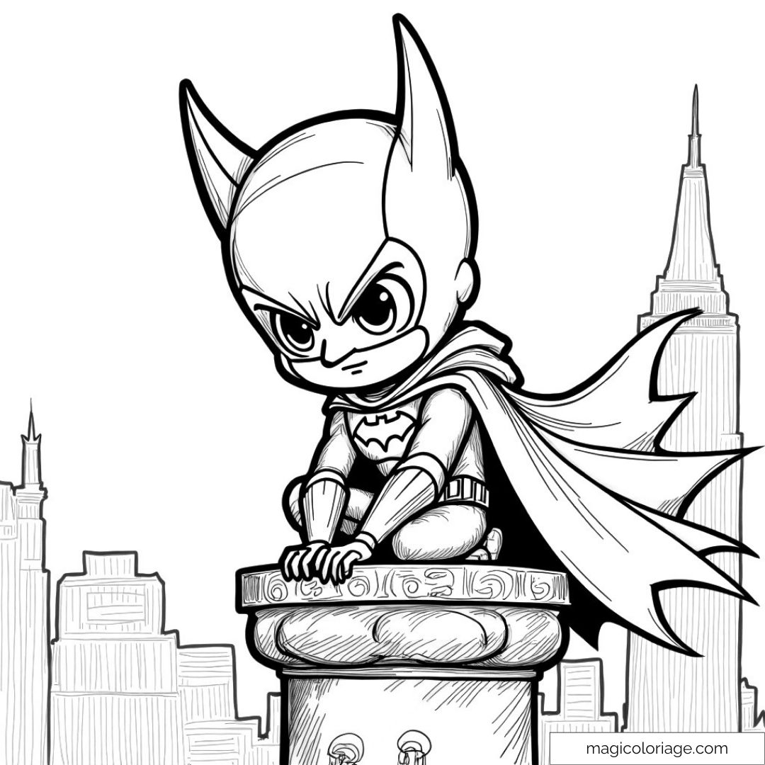 Chibi Batman sur un toit de la ville