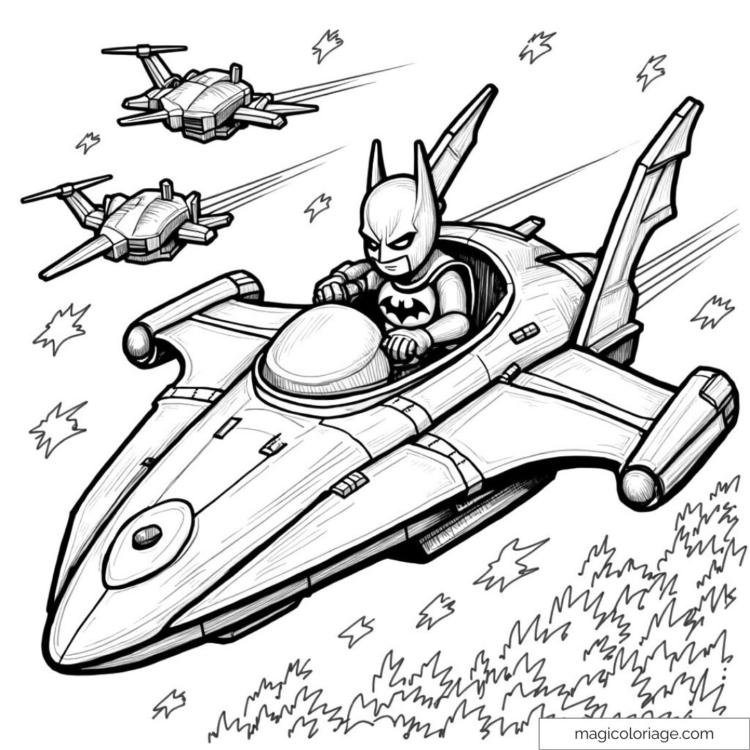 Dessin de Batman dans un vaisseau spatial avec des avions de chasse.