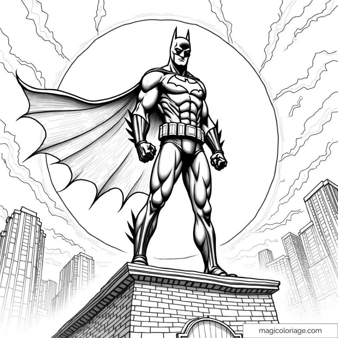 Batman debout sur un toit de ville avec des gratte-ciel et un ciel éclairé.