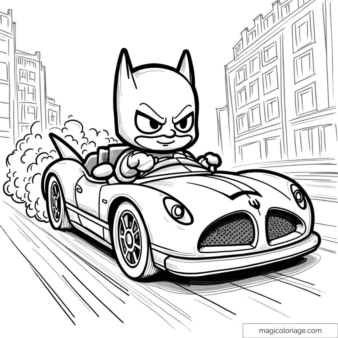 Coloriage de Batman en voiture rapide dans la ville
