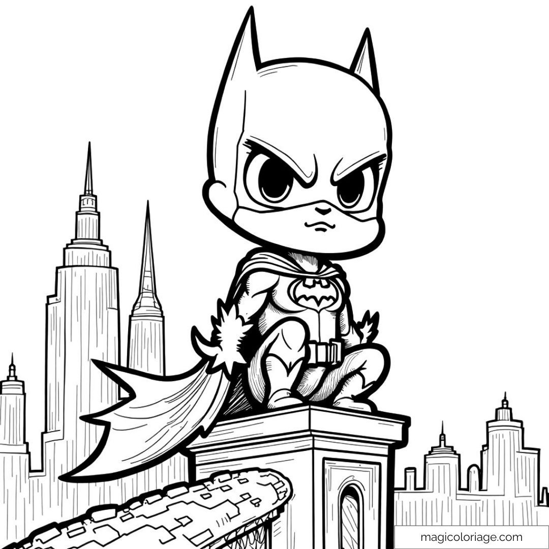 Image de Batman chibi sur un toit avec les gratte-ciels de Gotham.