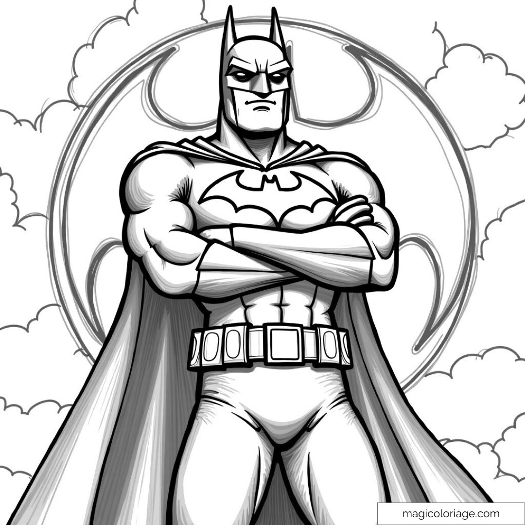Coloriage de Batman devant un logo chauve-souris