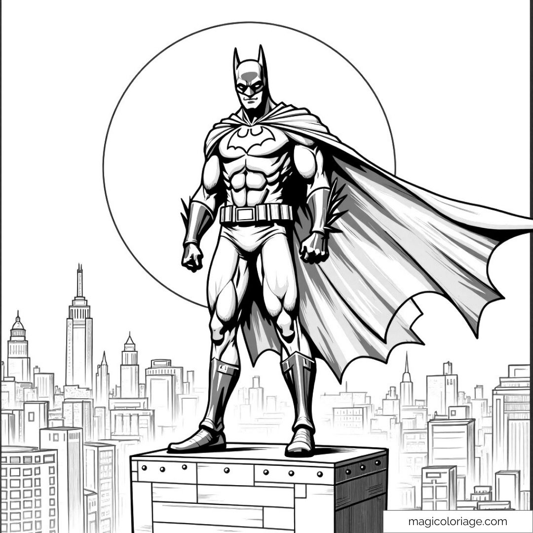 Batman sur un toit avec Gotham en arrière-plan.