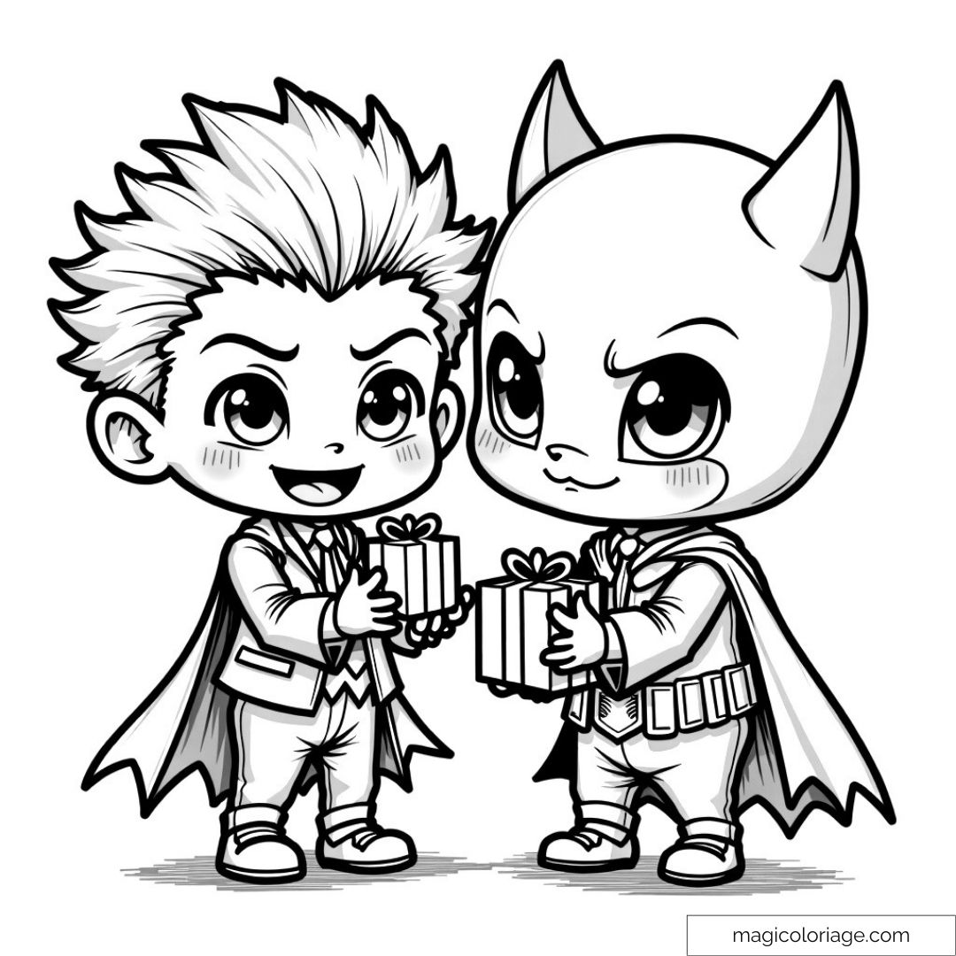 Dessin de deux chibi super-héros échangeant des cadeaux
