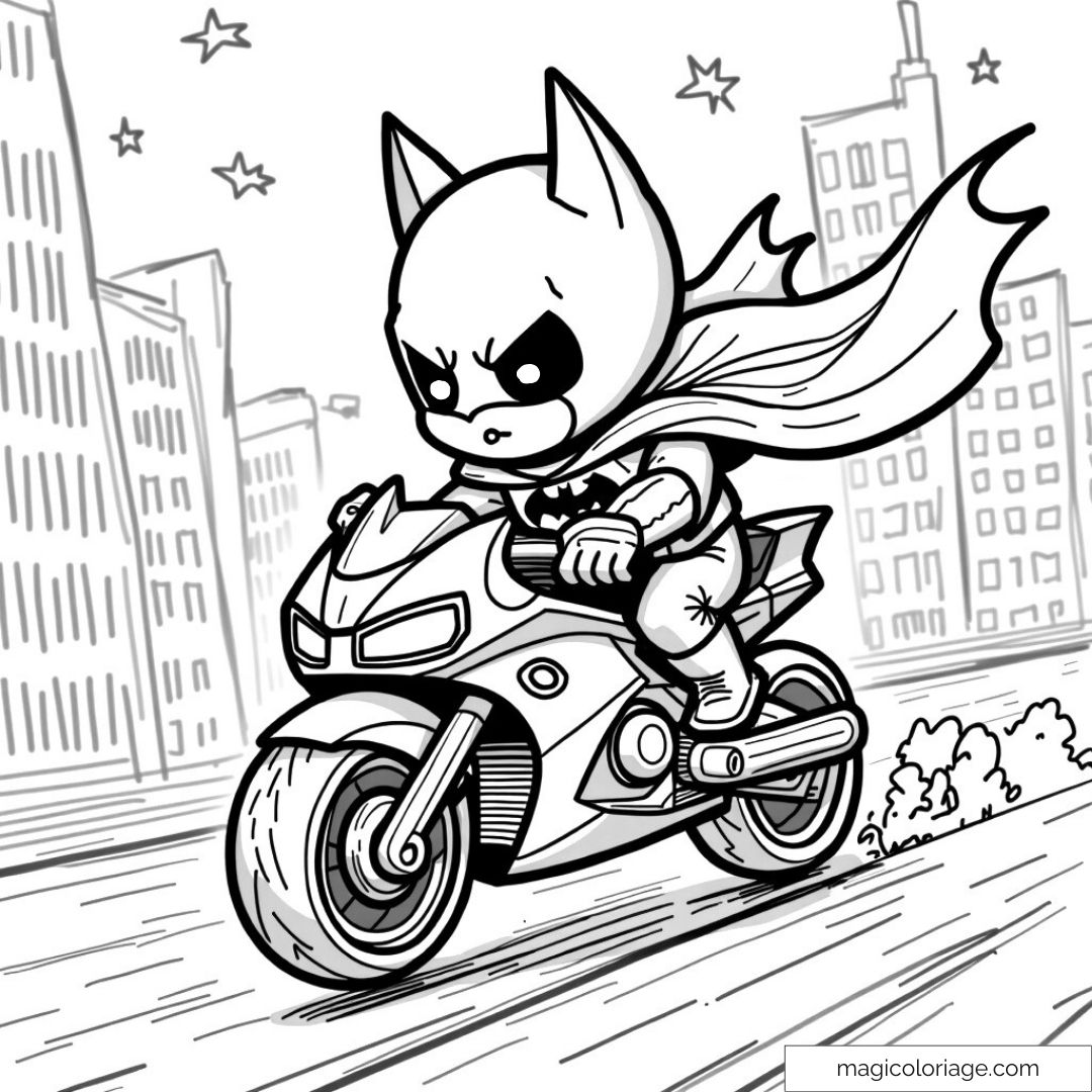 Batman enfant sur moto dans une ville nocturne.