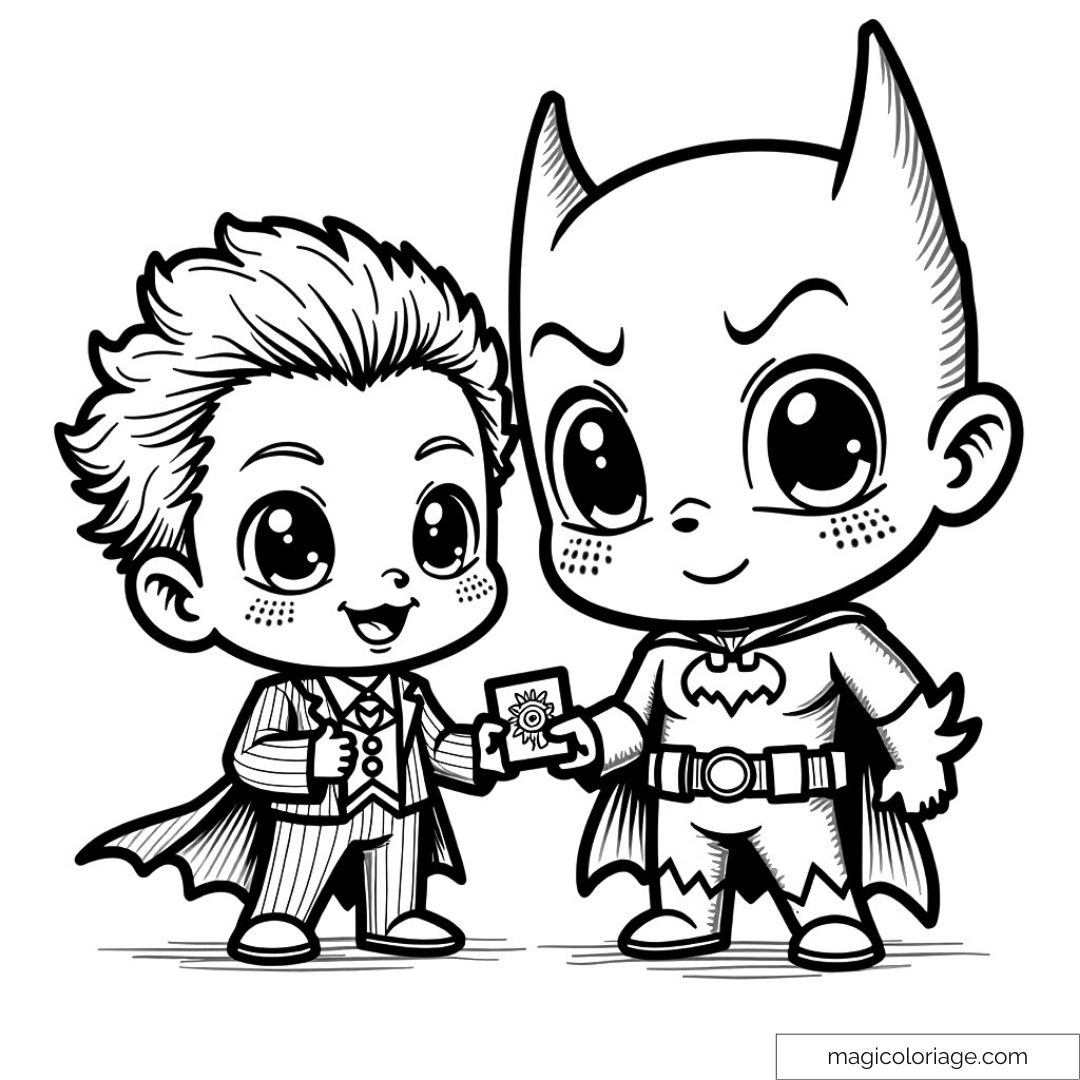 Dessin à colorier de Batman et Joker version chibi pour enfants
