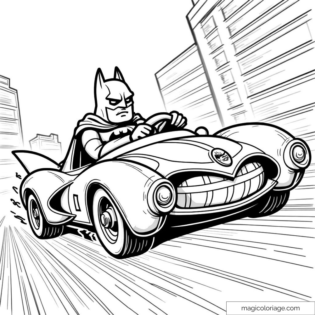 Dessin de Batman conduisant la Batmobile en ville