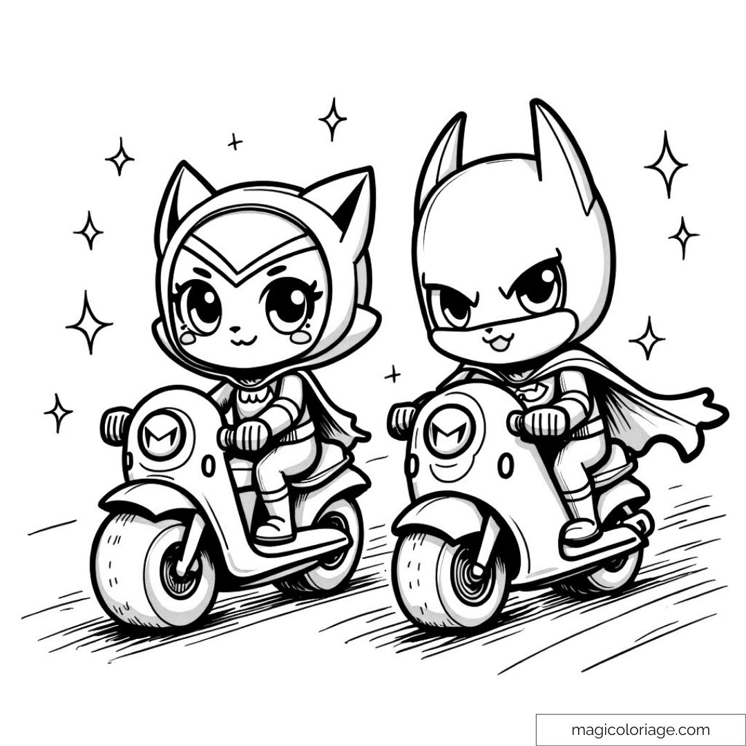 Super-héros chibi sur scooters