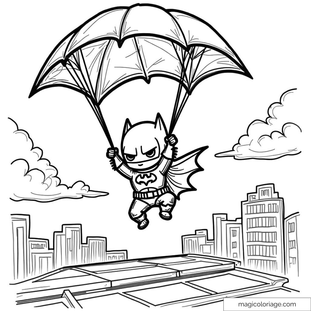 Dessin de super-héros avec parachute au-dessus des immeubles