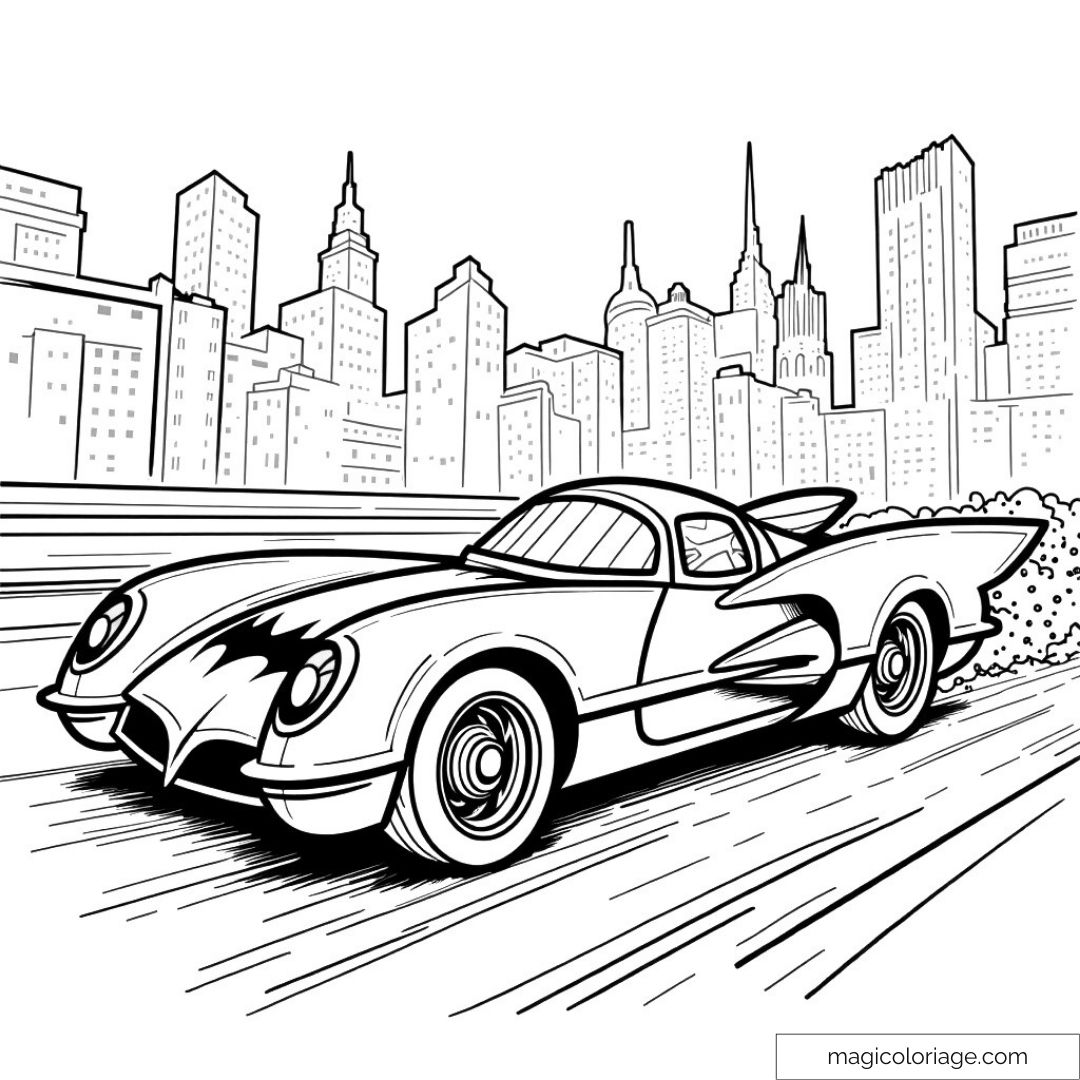 Dessin de voiture rapide avec skyline urbaine à colorier