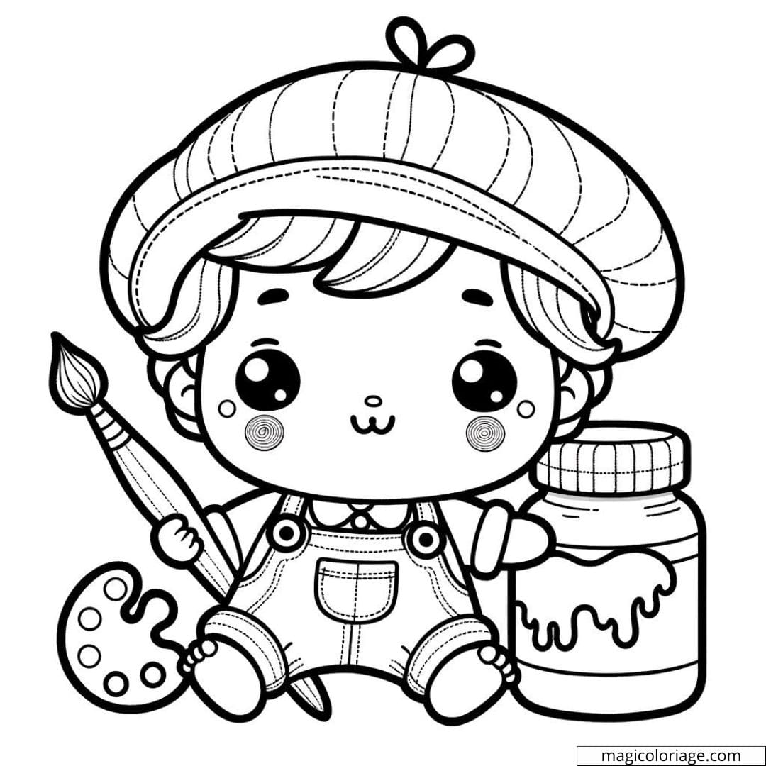 Coloriage à imprimer de bébé artiste avec une palette de peinture