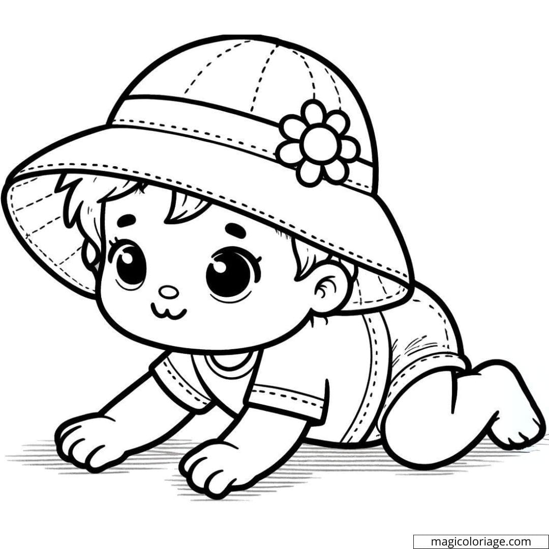 Coloriage à imprimer de bébé rampe avec un chapeau de soleil