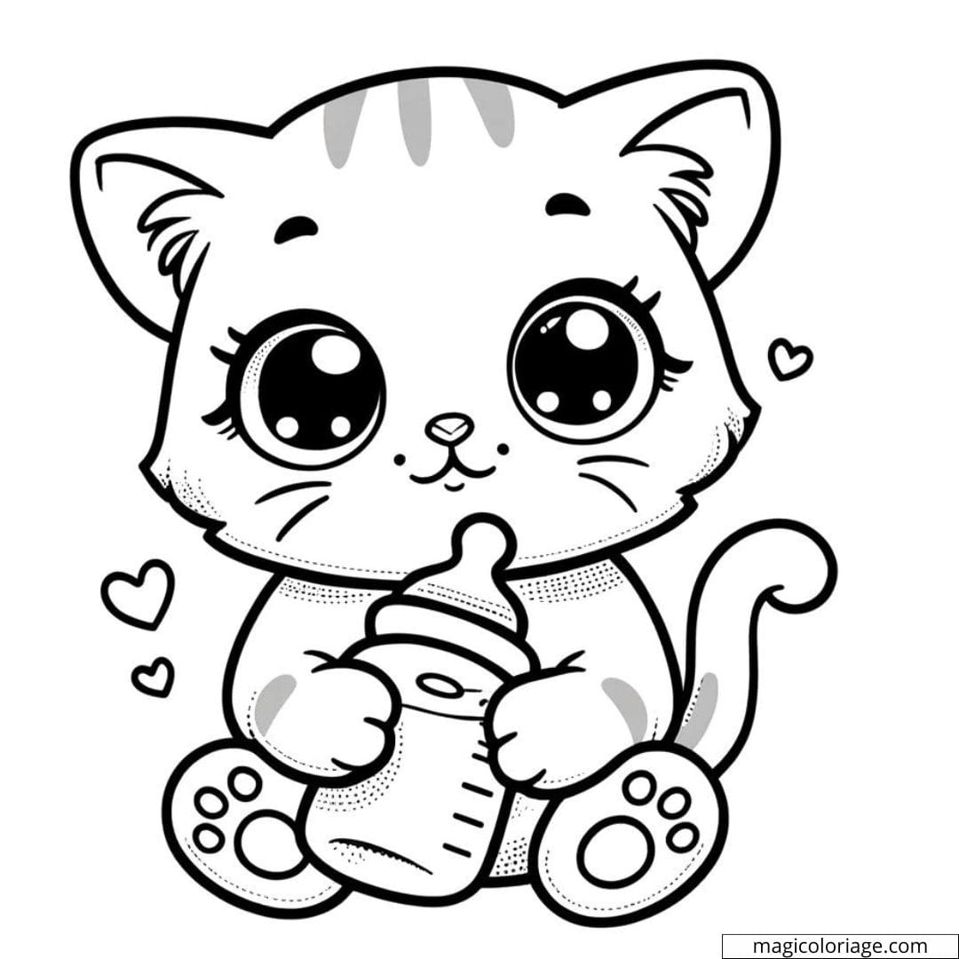 Coloriage à imprimer de bébé chat avec un biberon