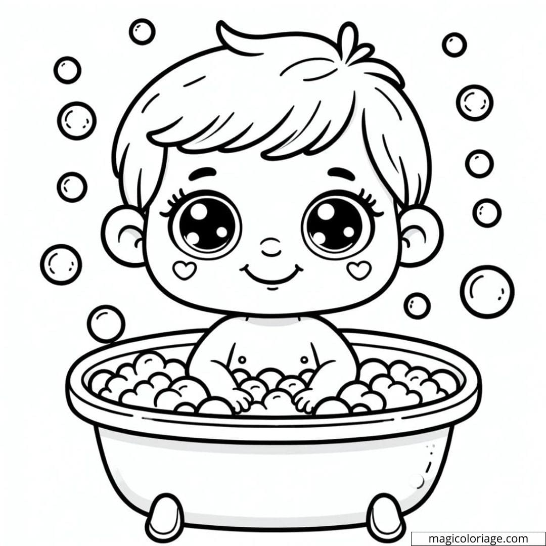 Coloriage à imprimer de bébé dans une baignoire avec des bulles