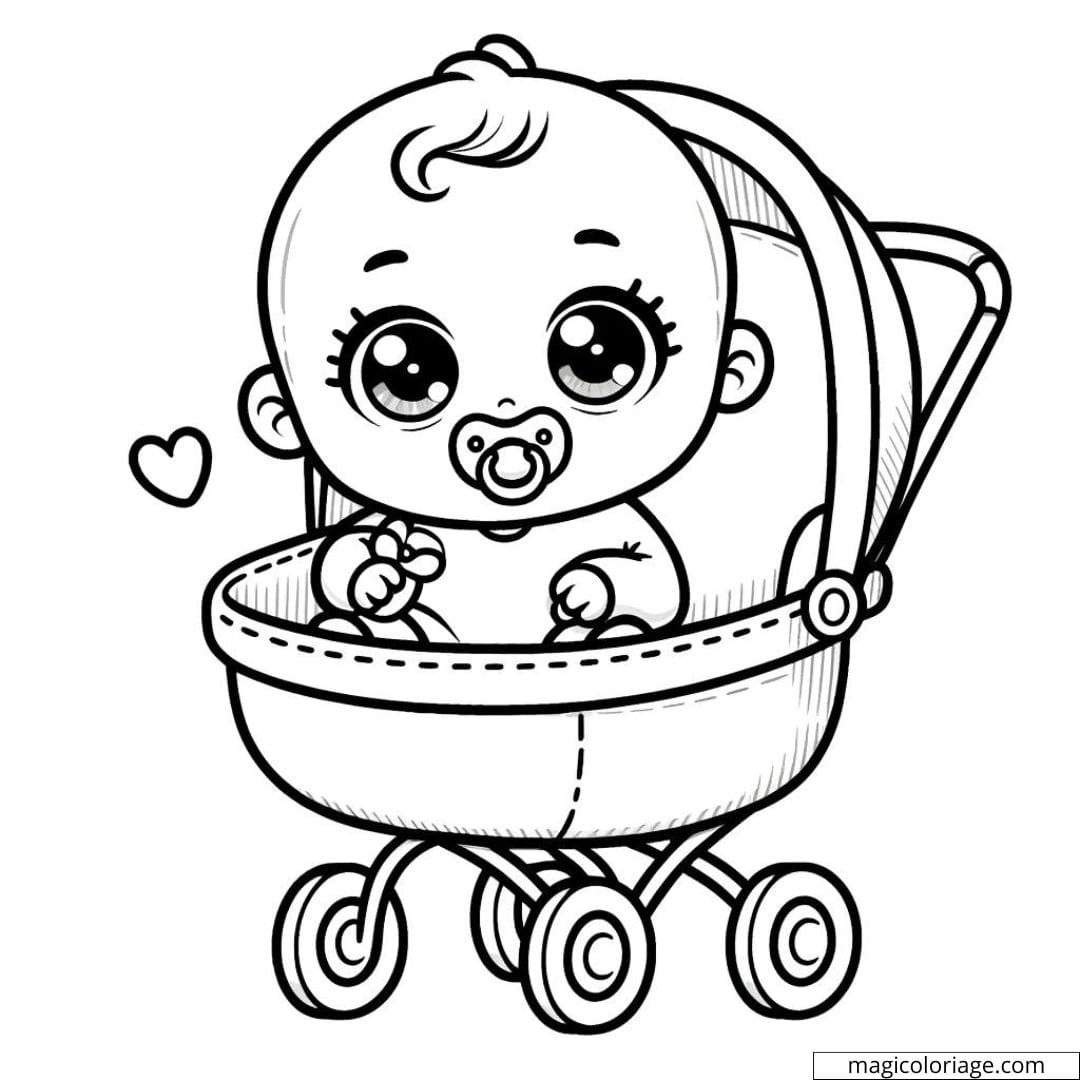 Coloriage à imprimer de bébé dans une poussette avec une tétine