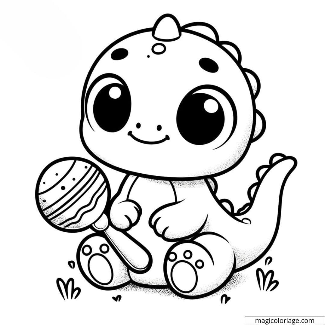 Coloriage à imprimer de bébé dinosaure avec un hochet